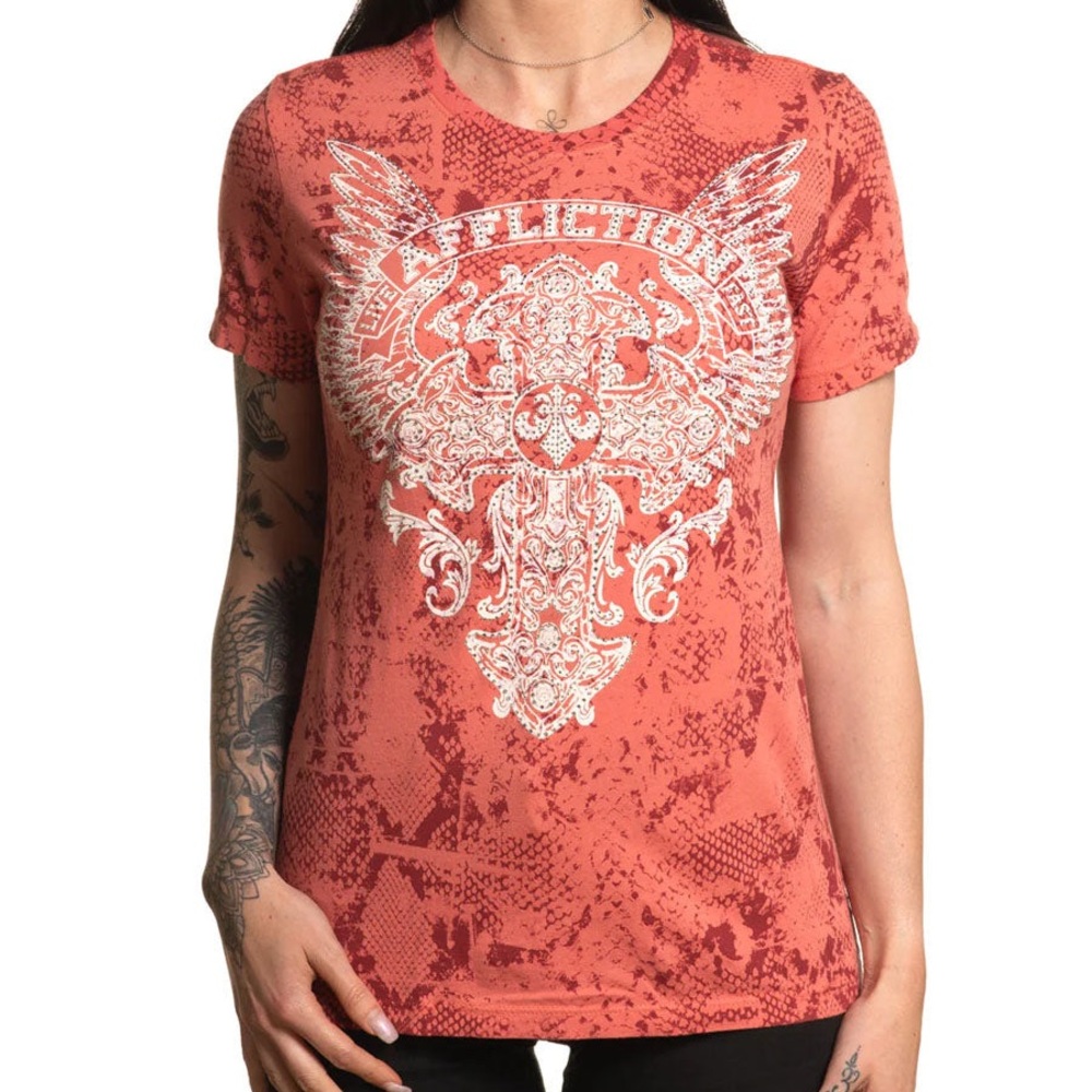 Affliction Woman’s Small Red Rhinestone Cross With Angel Wings Crew Neck T-Shirt